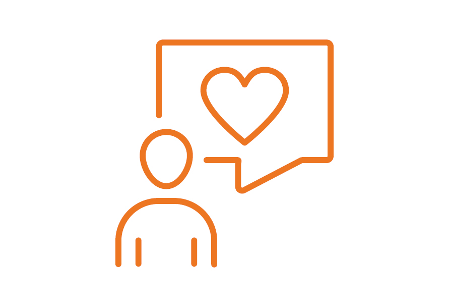 Orange icon of person with a conversation bubble that contains a heart