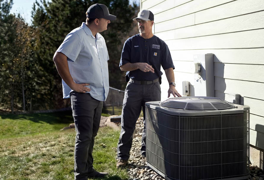Customer and technician outside talking next to air conditioner unit