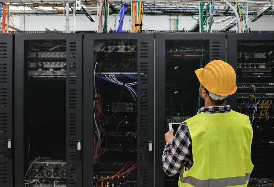 Person wearing a safety vest and hardhat standing in front of stacks of servers