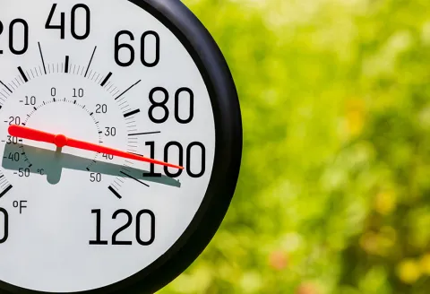 Outdoor thermometer showing the temperature at 100 degrees